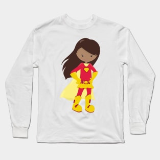 African American Girl, Superhero Girl, Red Costume Long Sleeve T-Shirt